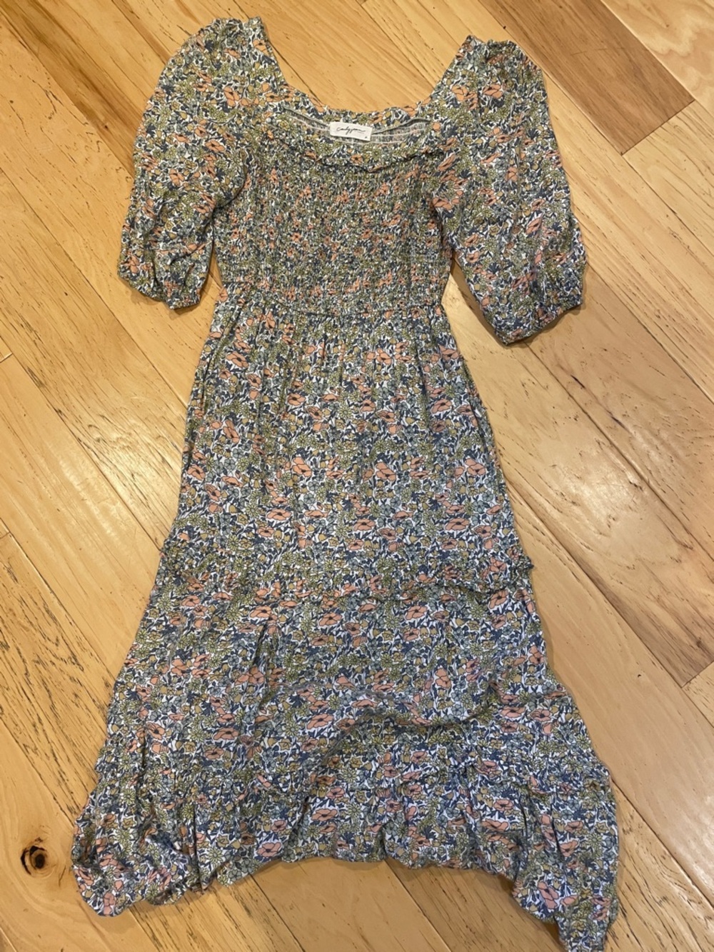Carly Jean Los Angeles Blue and Peach Floral Smocked Midi Dress